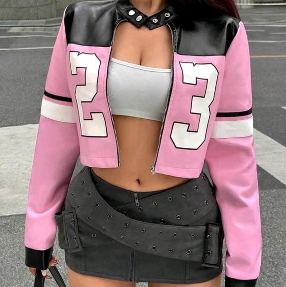 Women Winter Race Car Driver Color Block Pink Short PU Leather Jacket - Picture 1 of 5
